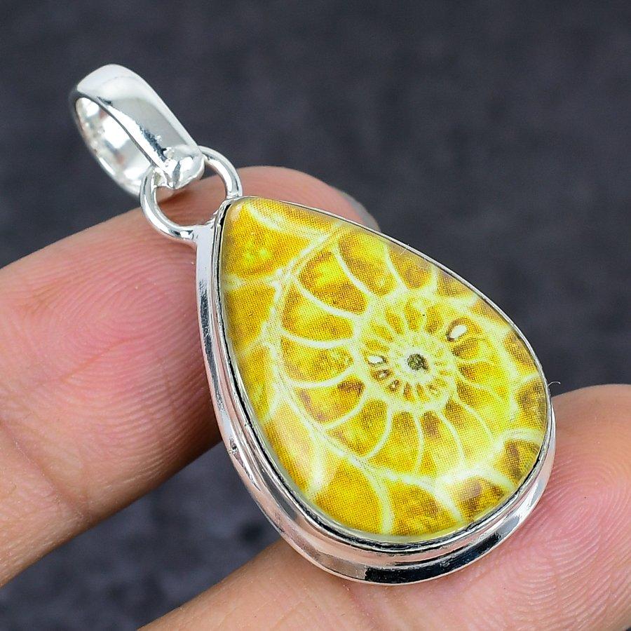 Ammonite Fossil Gemstone Handmade 925 Sterling Silver Jewelry Pendant 1.77" r9u94