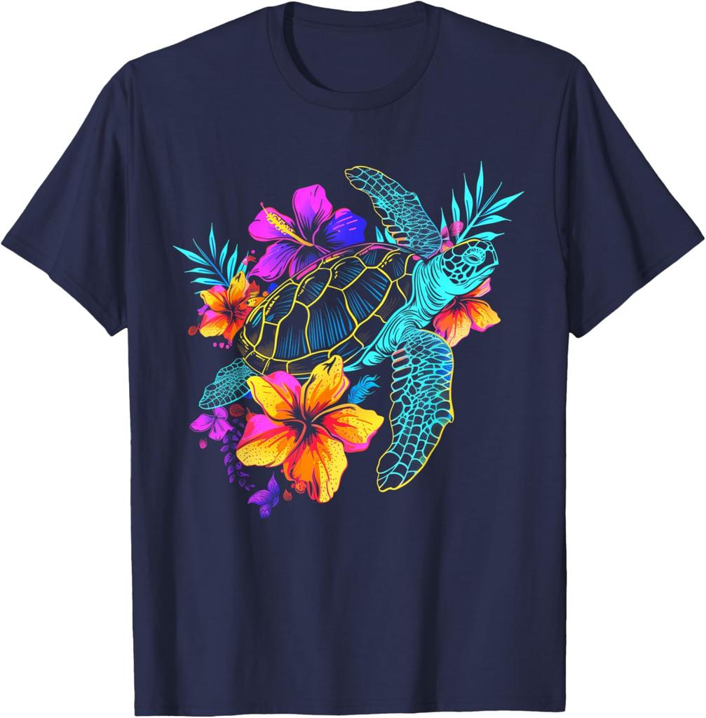 Sea Turtle Hawaiian Flowers Graphic T-Shirt Breathable Cotton Casual Trip Tee for Men