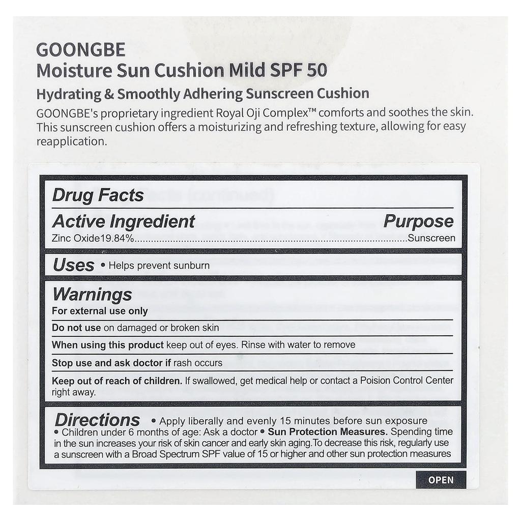 Goongbe Moisture Sun Cushion Sunscreen, Mild, SPF 50, 14g (0.49oz)