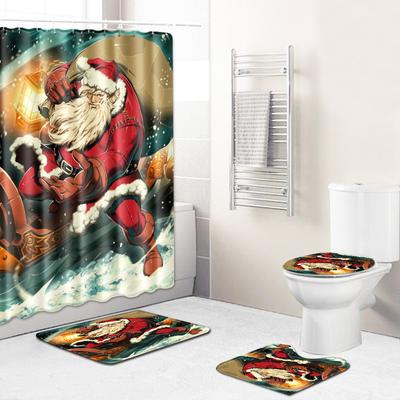 Weihnachts-Duschvorhang Bodenmatten-Kombination Vier-teiliges Set Badezimmer Toilette Teppich Duschkabinenmatte Fußmatte