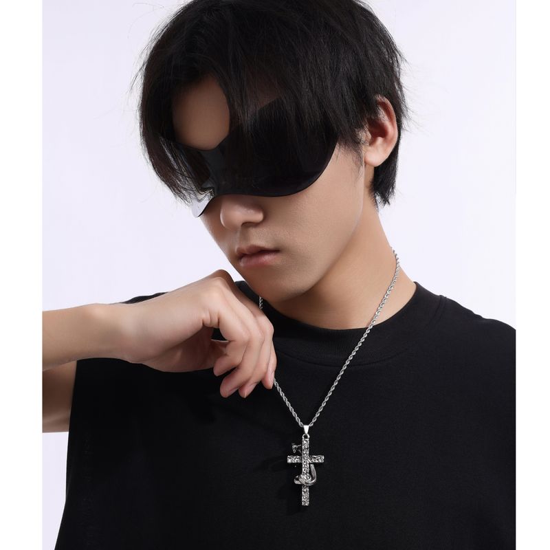 Vintage Ancient Snake Wrapped Cross Ins Retro Europe and America Rap Hip Hop Men and Women Clavicle Chain Stylish Titanium Steel Necklace