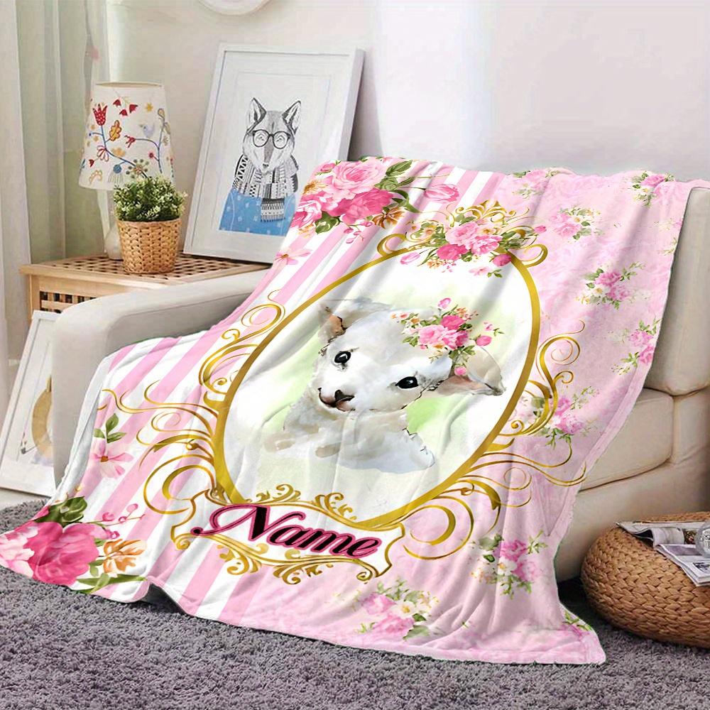 Adorable Puppy In Floral Frame Four Seasons Blanket Customized With Your Name Lightweight And Warm Perfect Gift For Home Office Camping Sofa Travel