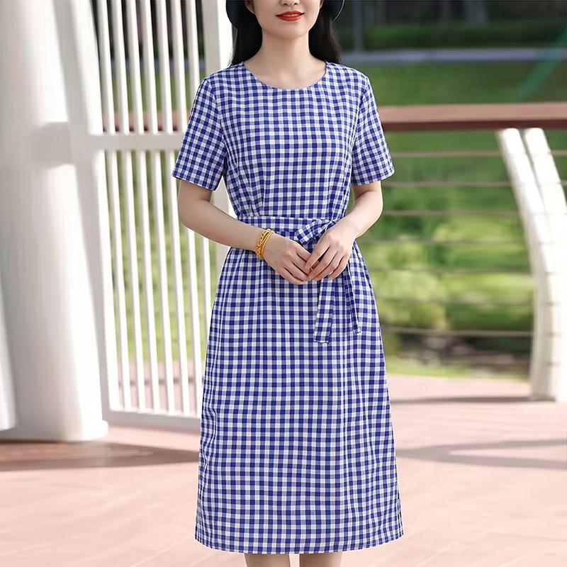 ZANZEA Damen Lässiges Rundhals-Kurzarmkleid mit Karomuster