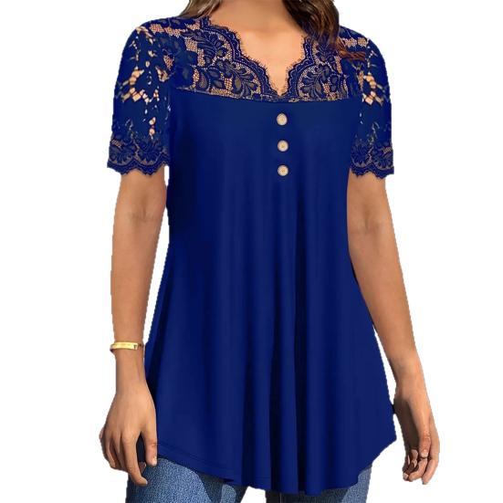 Women Tops Deep V Neckline Short Sleeve Pullover Lace Splicing Tops Pure Color Loose Hem Anti-Wrinkle