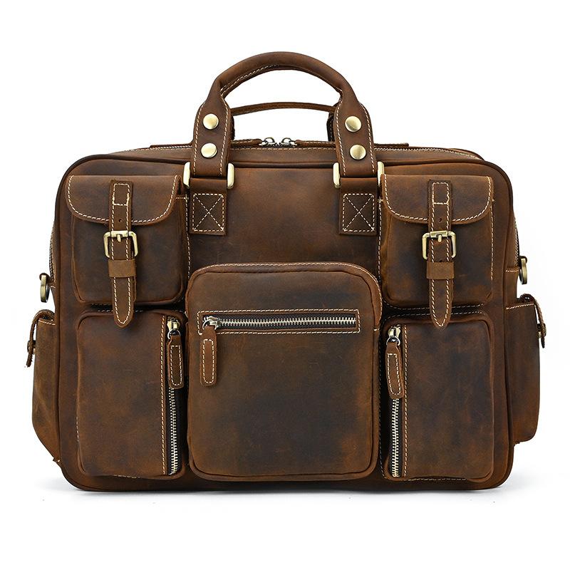 Vintage Crazy Horse Leather Travel Bag Men'S Business Cowhide Briefcase Genuine Leather Portable Oblique Span Bag Briefcase