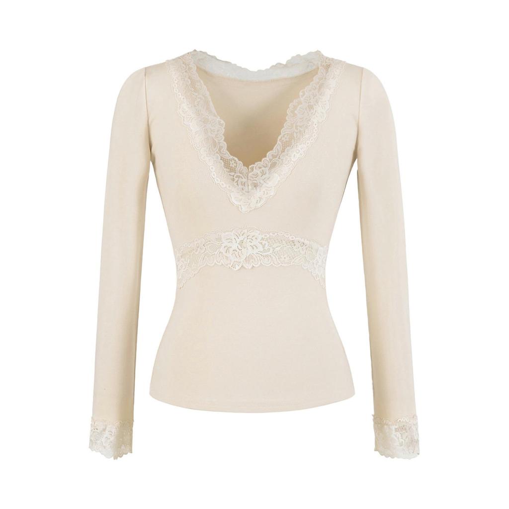 Elegant Deep V-Neck Long-Sleeve Slim-Fit Lace Patchwork Top - Spring/Summer 2026
