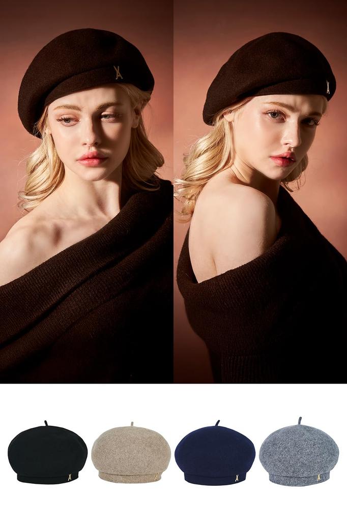 Stud logo wool beret Black [VARZAR]