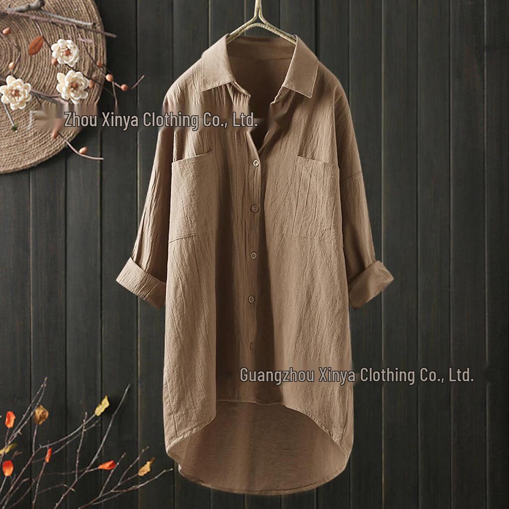 2026 Autumn Women s Korean Style Solid Color Cotton Linen Loose Shirt L хаки
