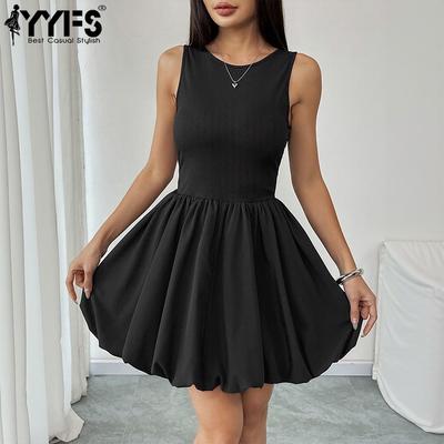 Women's Fashion Summer Spring Solid Color Print Sleeveless O-Neck High Waist Casual Dresses