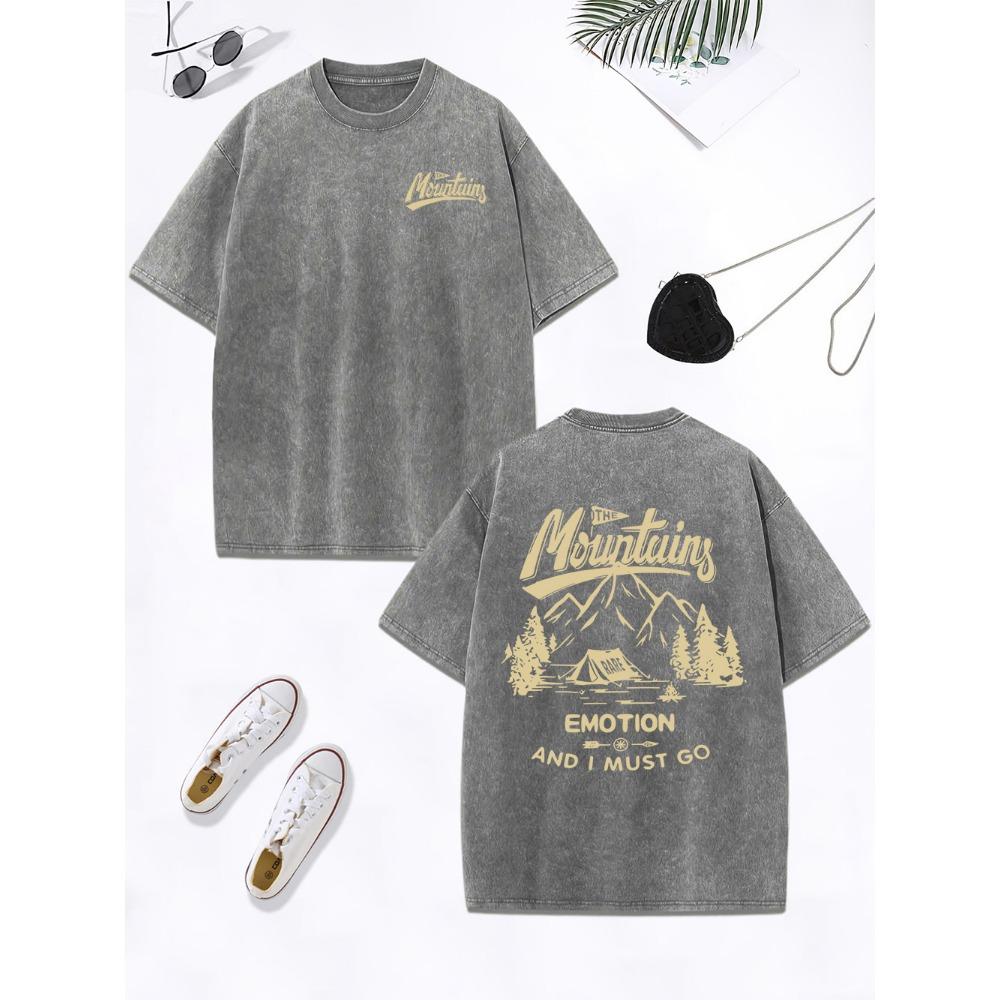 Mountains Go Camping Emotion Cotton Washed T-Shirts Women Oversized T Shirt Summer Distressed O-Neck Tops Womans Clothes