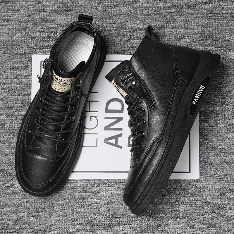 

Autumn men s shoes new breathable non-slip high-top chef shoes men s Korean version versatile black leather shoes casual board shoes 44 чорний