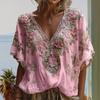 Women V-Neck Short Sleeve T-Shirt Imitation Pearl 3D Flower Decor Tee Tops Casual Date Vacation Beachwear