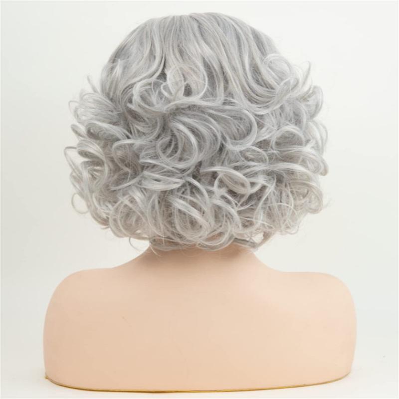 Synthetic Short Curly Hair Grey White Elderly Wig for Women Mommy Wig with Bangs Cosplay Costume Party Grandma Gift Wig