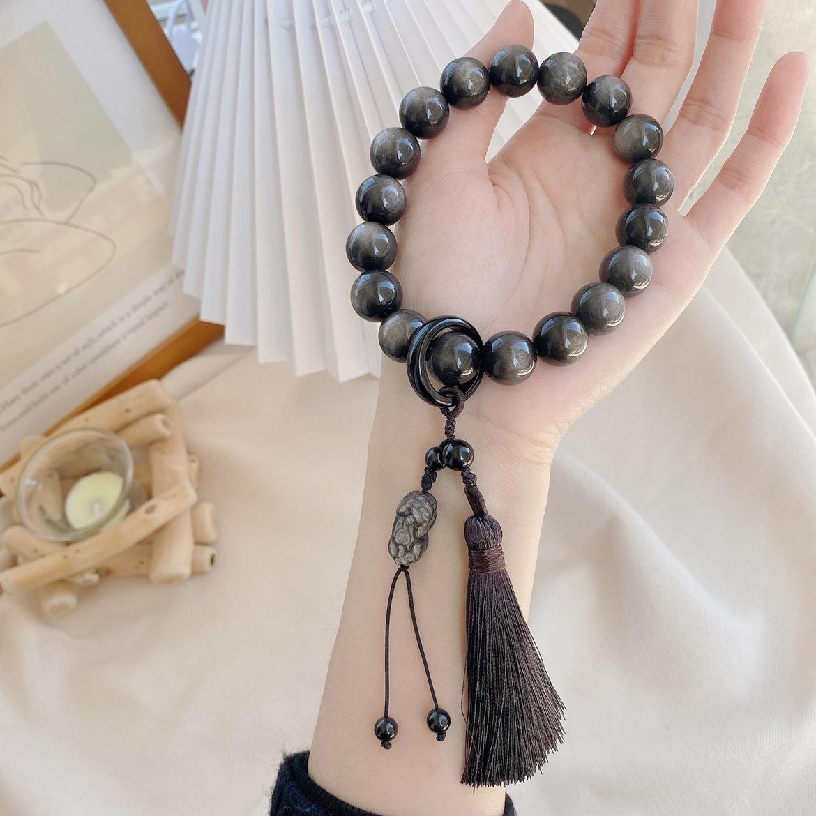 

Natural Silver Obsidian Pixiu Couple s Handheld 18-Bead Tassel Amulet Black Obsidian Prayer Bead Bracelet Ethnic Style Silver Obsidian Pixiu Fig