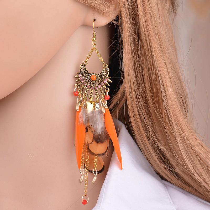 Handmade retro bohemian feather earrings dream catcher elements long fringed earrings temperament women's earrings