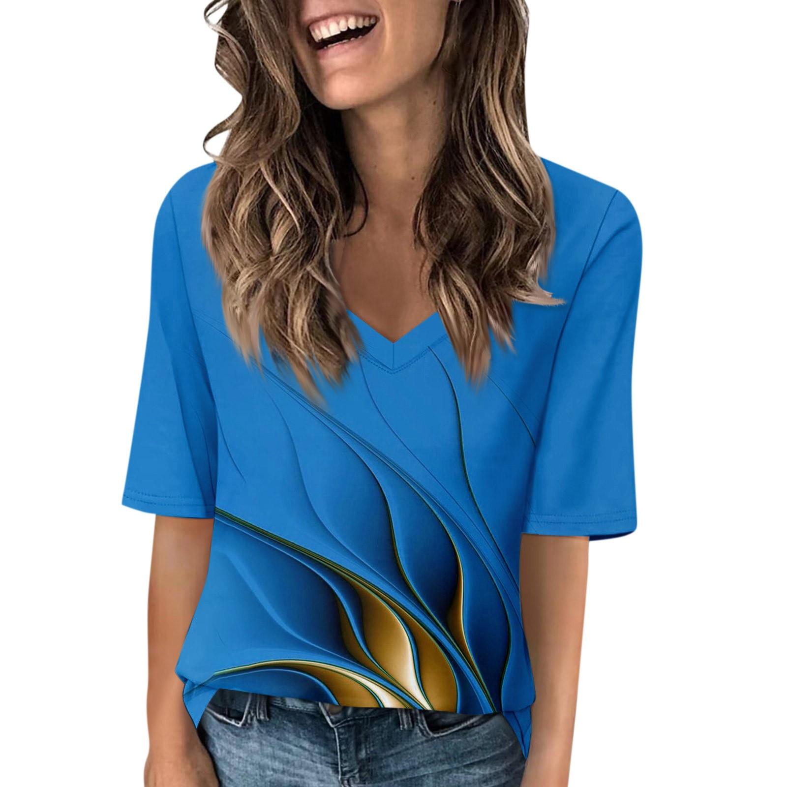 

Жіночі футболки з V-подібним вирізом, топи з принтом, повсякденні літні футболки, футболки, блузки S синій