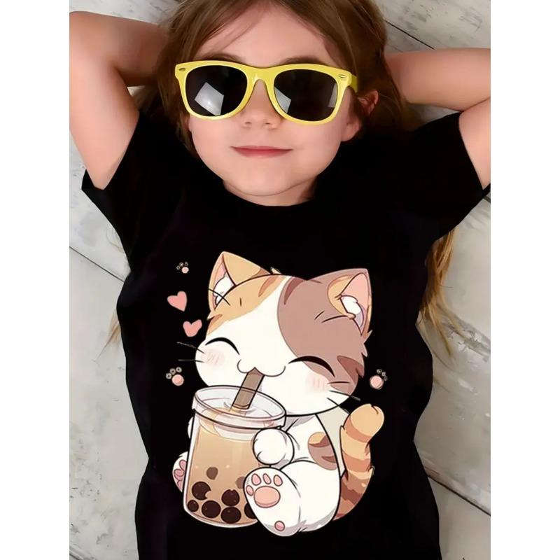 Süße Katzenmädchen Kleidung Druck Kinder T-Shirt Pullover Kurzarm Bequeme Kinderkleidung
