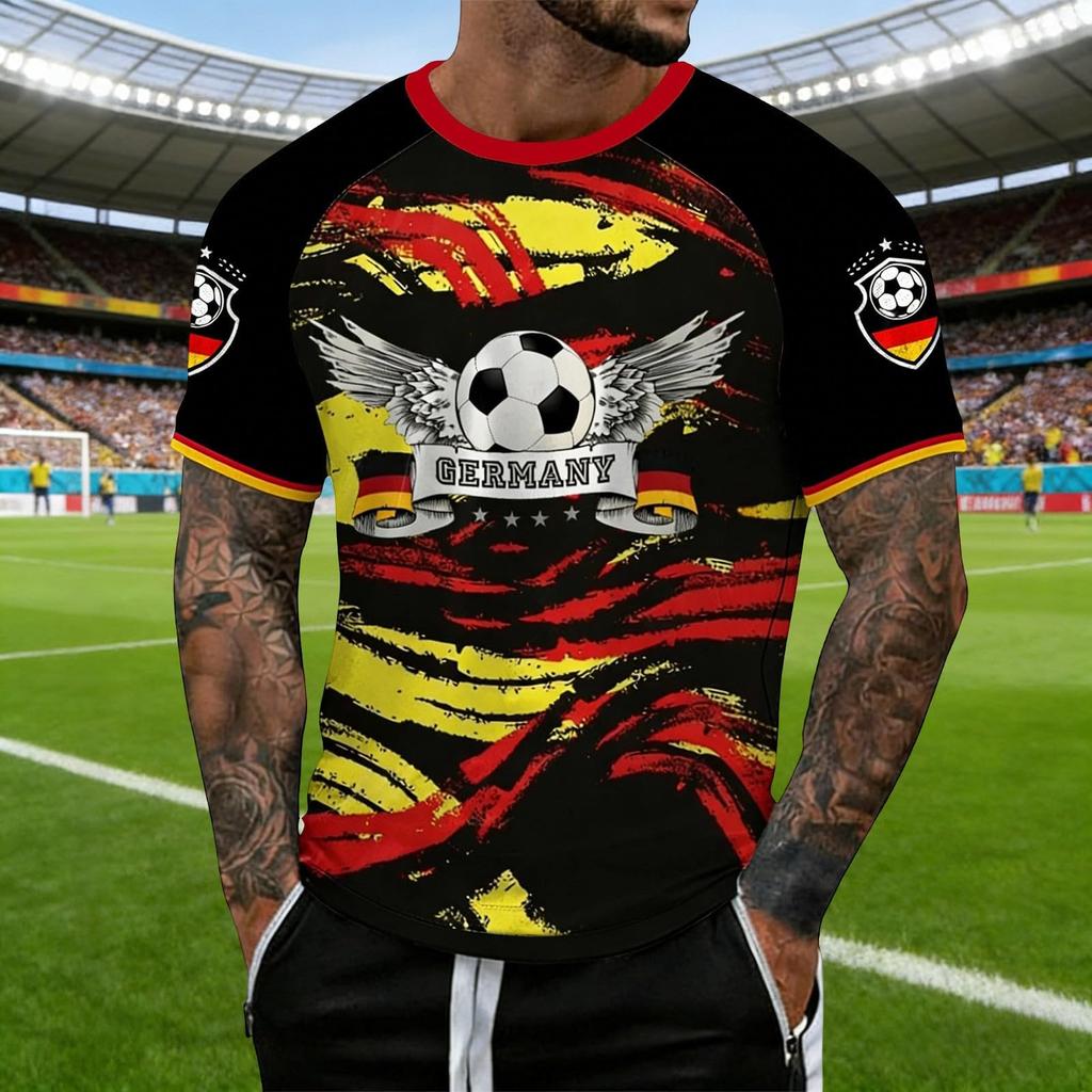Men's Short Sleeve Crew Neck Soccer Graphic Print T Shirt with Germany Flag and Football Design for Sports Fans