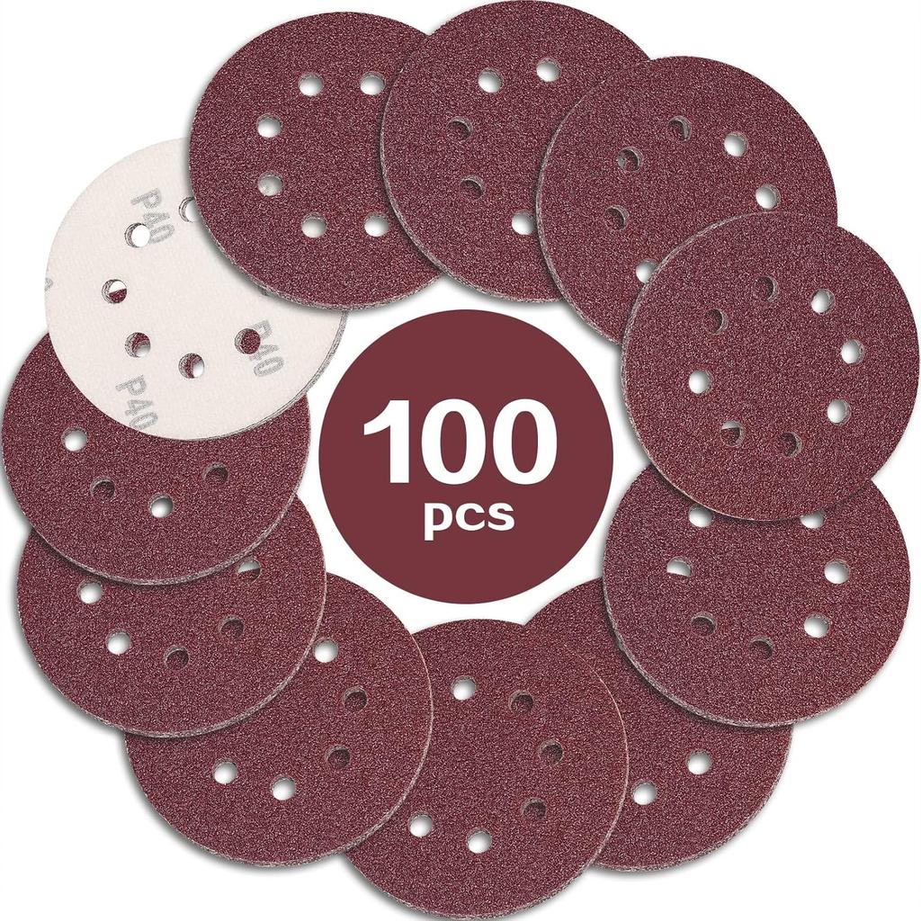 100PCS 125mm Sanding Discs, 5 Inch 8 Hole Hook and Loop Sanding Pads for Random Orbital Sander(40 to 2000Grits)