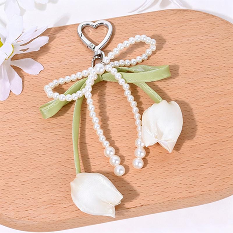 Bag Charm 1Pcs Bag Charm Pendant With Ribbon Pearl Tulip Jewelry For Women Key Chains DIY Decoration