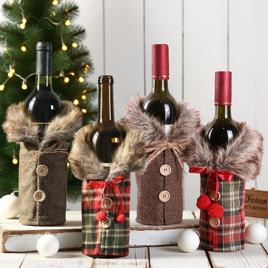 Mingguan Christmas Plaid Fur Collar Wine Bottle Cover & Bag