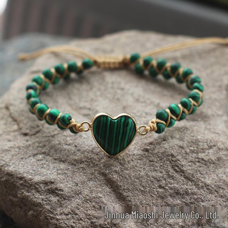 Bohemian Red Heart-Shaped Redwood Stone Double-Layer Woven Women's Bracelet