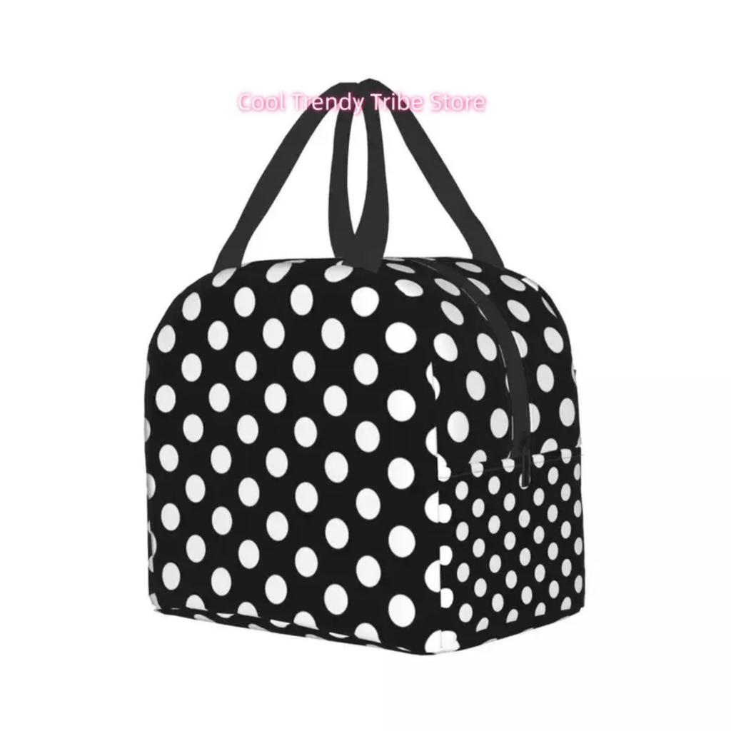 Black and White Polka Dots Lunch for Women | Portable Insulated Thermal Cooler Lunch Box Work School Travel Picnic Bags, Oxford