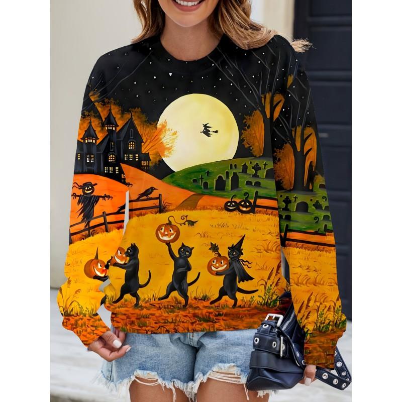 Womens Casual Hoodie With 3D Halloween Print Round Neck Lightweight Breathable Fabric