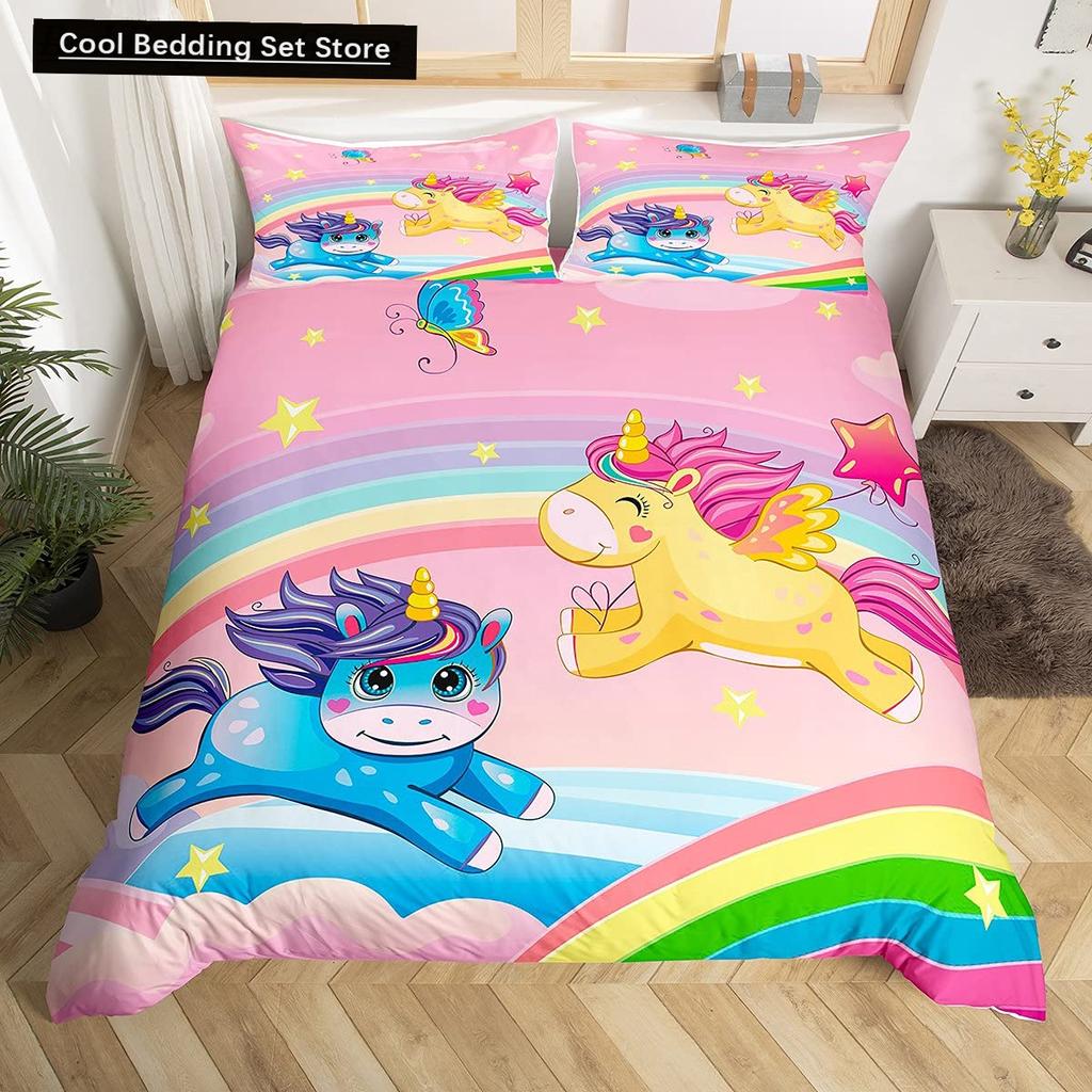 Kids Unicorn Stars King Queen Duvet Cover Cartoon Magic Animal Bedding Set Rainbow Shiny Quilt Cover Polyester Comforter Cover