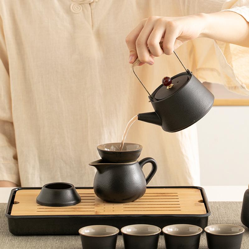 Portable Black Pottery Kung Fu Tea Set - Customizable with Logo for Business Gifts & Souvenirs