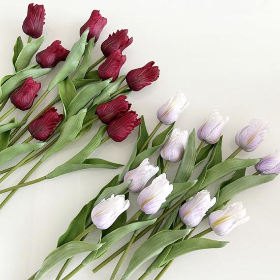 Artificial Tulip Flower Real Touch PU Faux Tulip Flower Stem with Leaves for Wedding Floral Arrangement Spring Home Office Table Decor