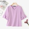 ZANZEA Womens Casual V-Neck Solid Color Loose Half Sleeve Blouse