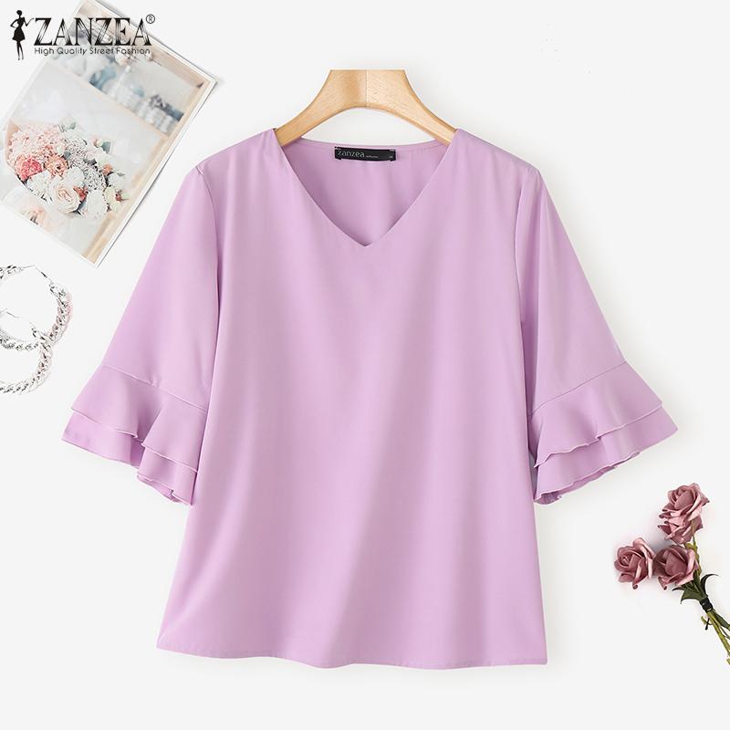 ZANZEA Womens Casual V-Neck Solid Color Loose Half Sleeve Blouse