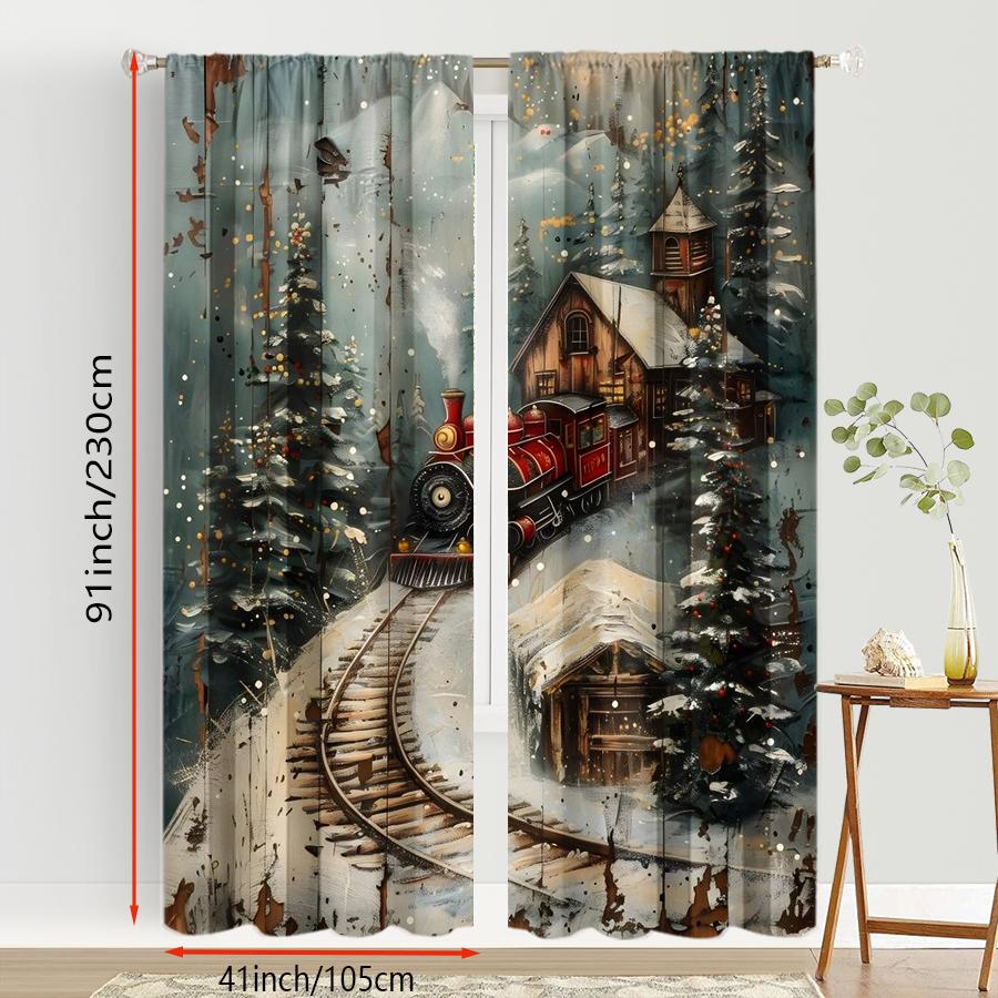 2PCS Christmas Train Curtains, Vintage Wooden Board Snowy Village Scene, Retro Holiday Locomotive Window Drapes for Bedroom