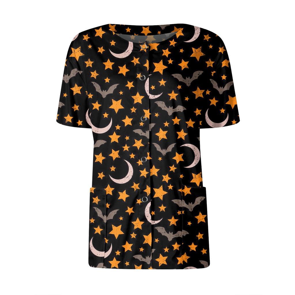 Women's Short Sleeved Patterned Pockets, Work Print Stand Up Collar, Single Breasted Protective Clothing, Cardigan Jacket, Top