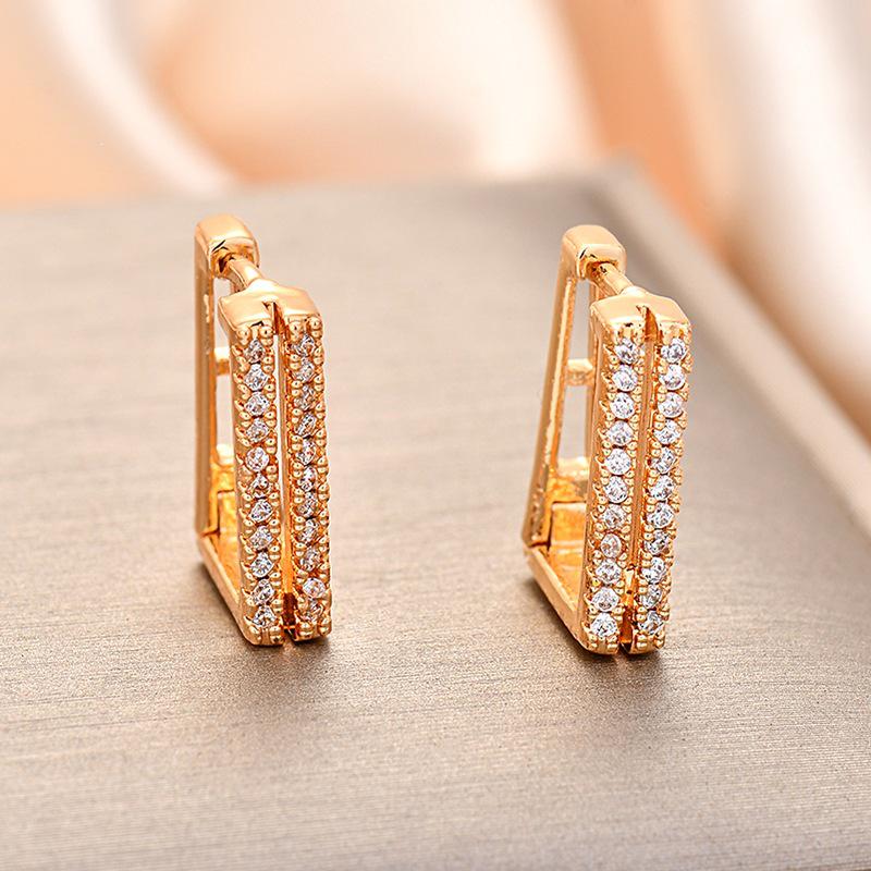 European Chic Rectangle Copper Earrings with Zirconia, Versatile Fashion Ear Cuffs