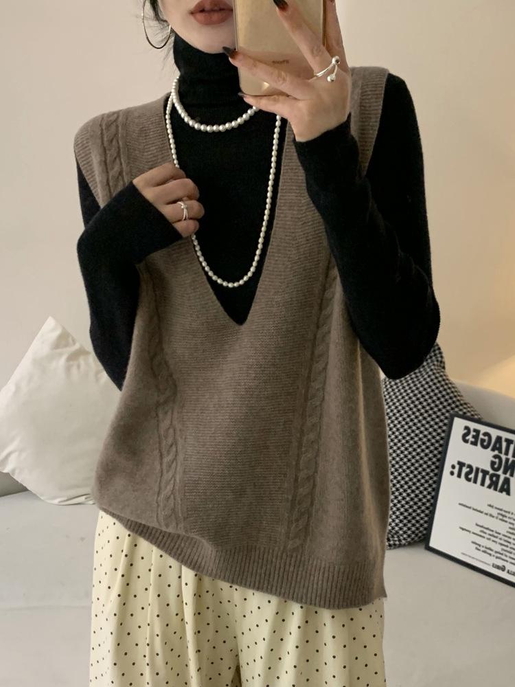 Colete Suéter Sem Mangas Feminino Casual com Decote em V, Tricô de Cabo 100% Lã para Sobreposição no Outono/Inverno