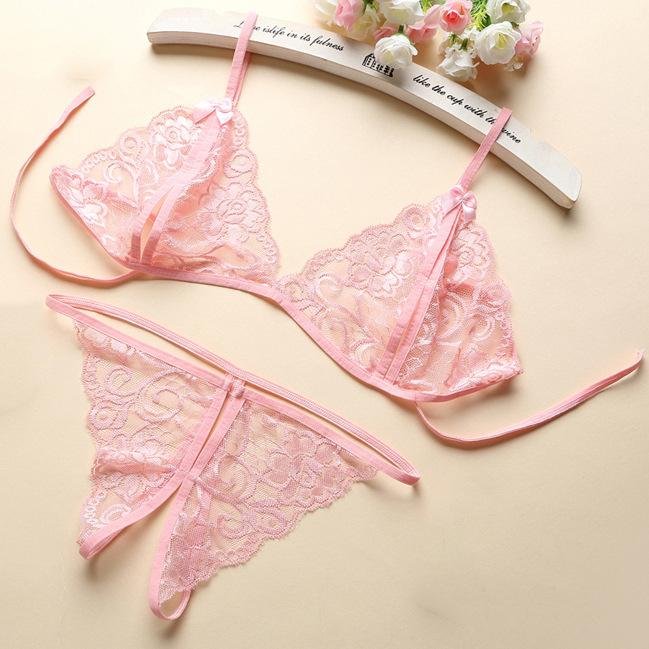 Open crotch free three-point two-piece set erotic lace underwear panties female sexy passion thong