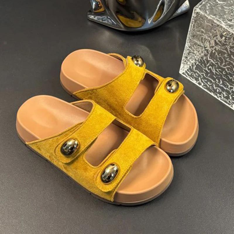 

Fashion Double Buckle Design Med Heel Slippers Women Casual Flock Flat Platform Sandal Female Summer 2025 Outwear Non Slip Slides Mujer 35