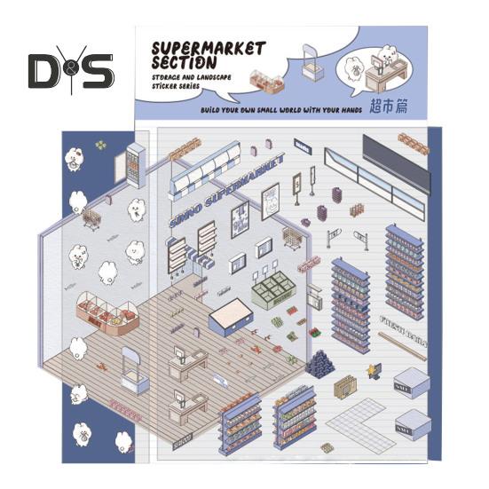 

DIY 3D House Stickers Тема супермаркету Багаторазові наклейки Зняття стресу Кав ярня Книгарня Ресторан Сцени Наклейки з пінцетом B