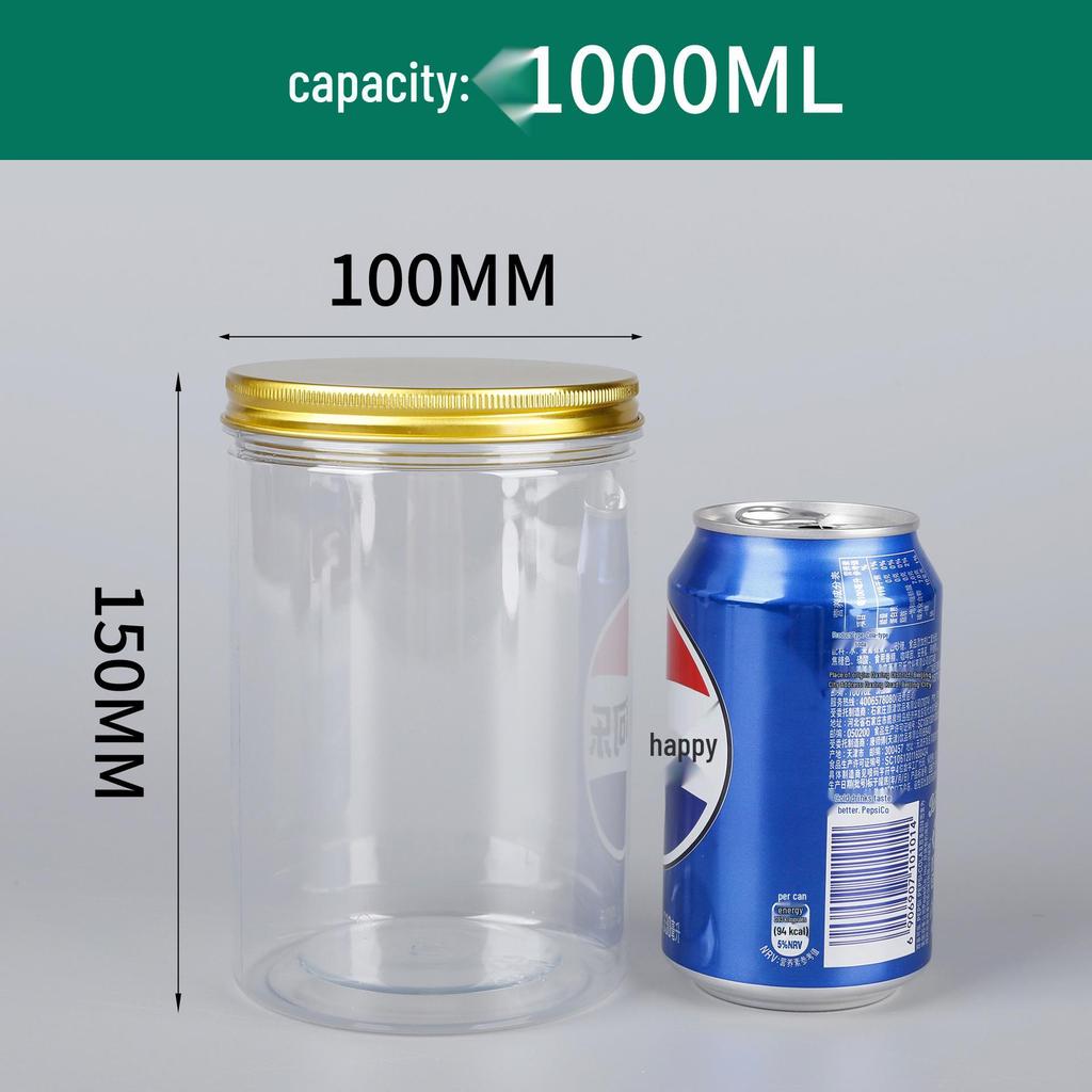 100-Opening Transparent PET Plastic Jar with Aluminum Lid for Kitchen Spices, Nuts, and Snacks