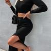 Women's Solid Color Knit Long-Sleeve Top & Midi Slit Wrap Skirt Set
