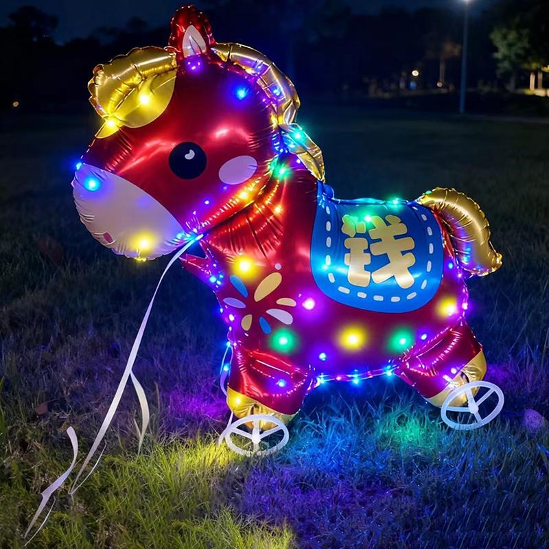 Glowing 4D Cartoon Foil Balloons Horse Stand Walking Balloon Wheel Accessories With Wheel For Kids Birthday Party Decoration