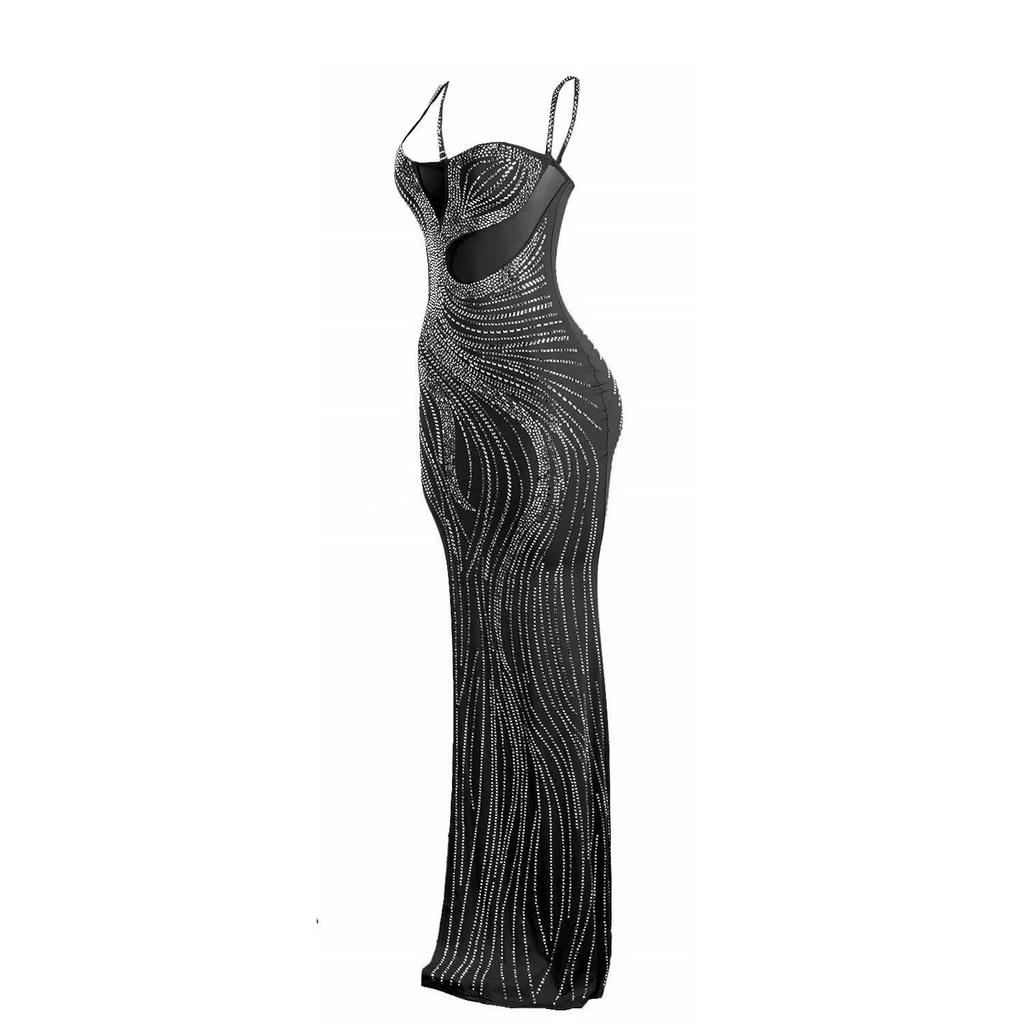 European & American Rhinestone Bodycon Spaghetti Strap Slit Dress for Nightclubs