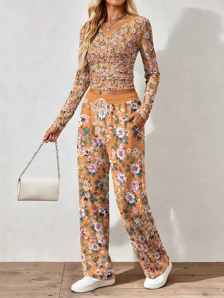 Spring and Autumn Ladies V-Neck Long Sleeve Pants Set Comfortable Casual Versatile Slim Two-piece Set