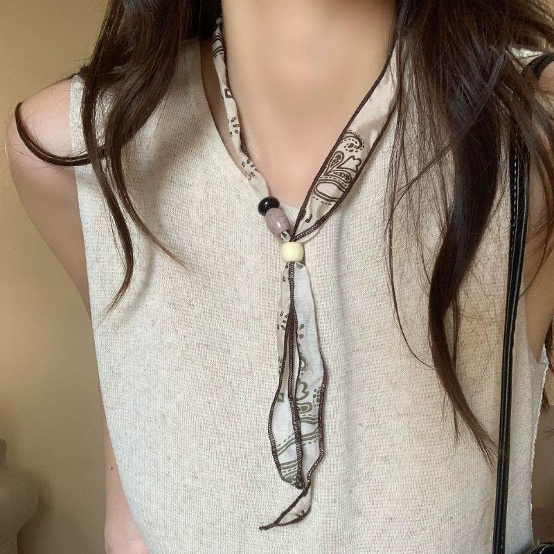 Cashew Nut Silk Scarf Fabric Beaded Necklace for Women - Small-scale Design, Stylish Sweater-style Choker Chain Necklace