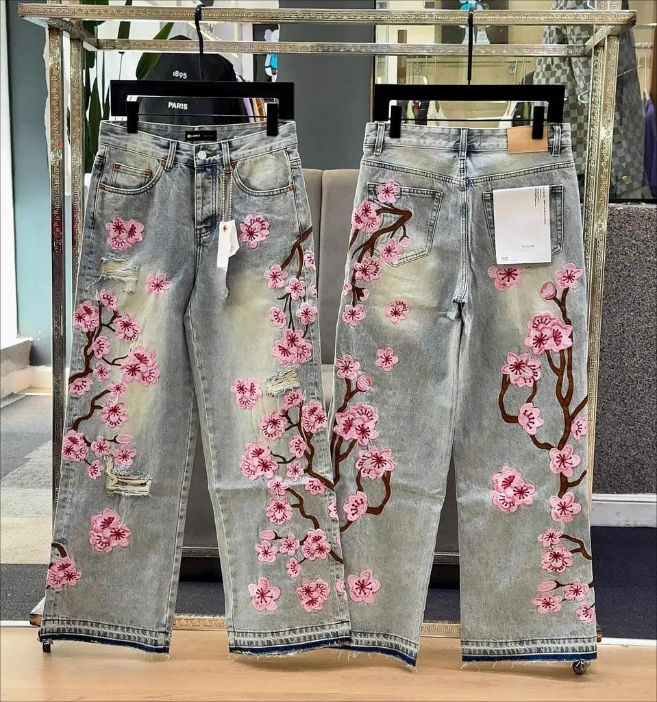 Men Streetwear Gothic Cherry Blossom Embroidered Jeans Y2K Clothing Men Women Hip Hop Vintage Baggy Jeans Low Rise Wide Leg Trousers