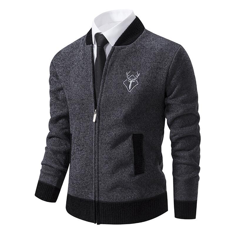 Autumn and Winter Casual Knitted Cardigan Plus Velvet Thickened Men's Baseball Collar Jacket Trendy Sweater Wear
