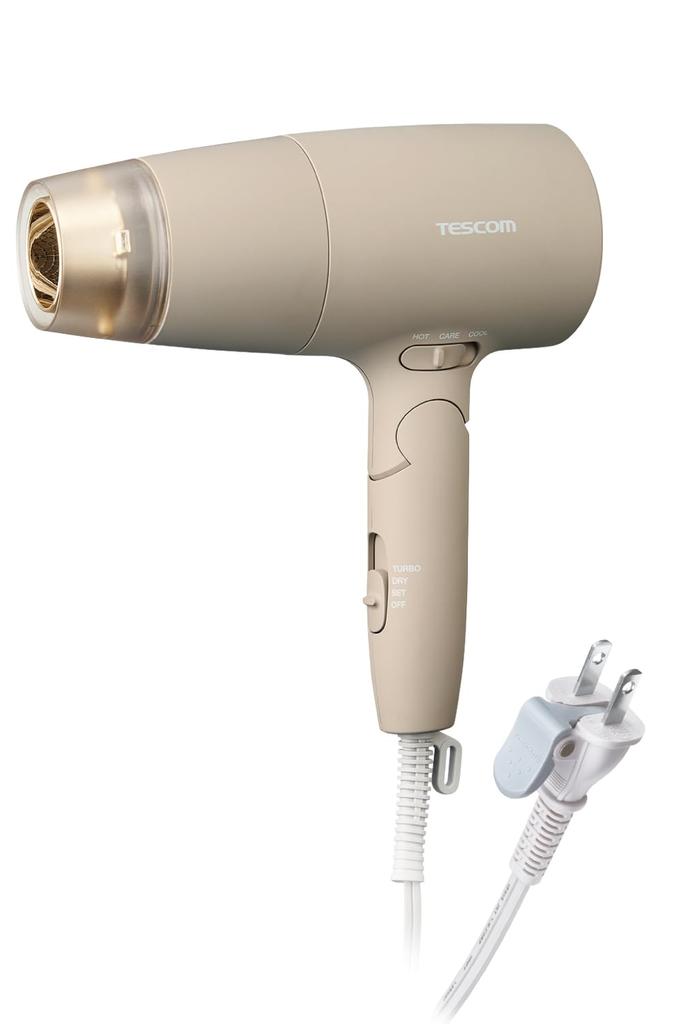 TESCOM Hair Dryer with Protect Ion Care Speed Up Hood Large Air Loose Greige Mode, Included, Cold/warm Air, Volume, Lightweight, Foldable, Plug,