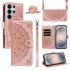 Crossbody Long Lanyard Cards Solt Datura Embossed Leather Case for Samsung S26 Ultra S25 S24 Plus S23 S22 A17 A07 A57 A37 Cover